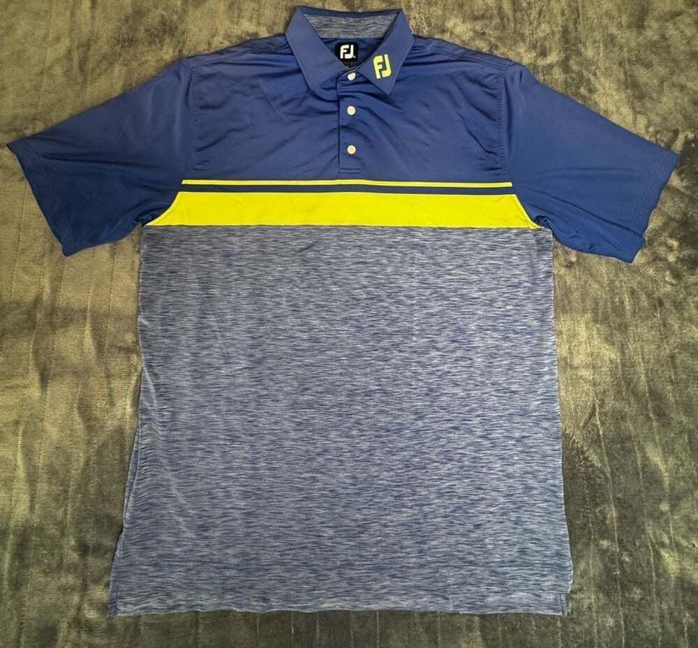 FootJoy  Golf Polo Shirt Size XL Blue Yellow Striped Short Sleeve 1001